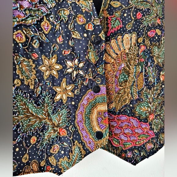Vintage Hand Beaded Batik Vest Bird Floral Sequin Boho Folk Art to Wear Size M - Picture 8 of 14